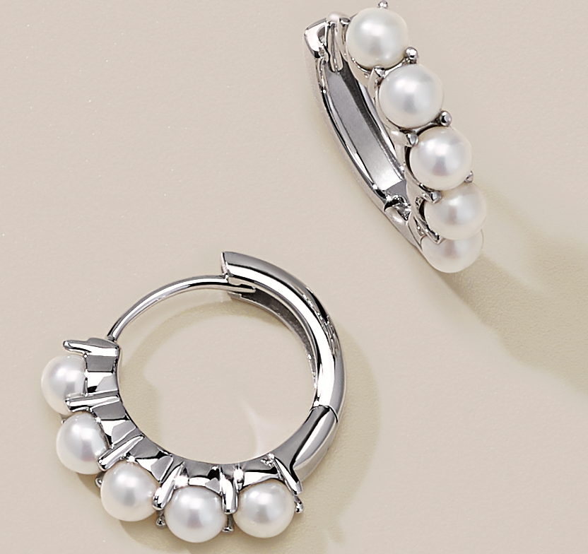 14K White Gold Freshwater Pearl Huggie Hoop Earrings