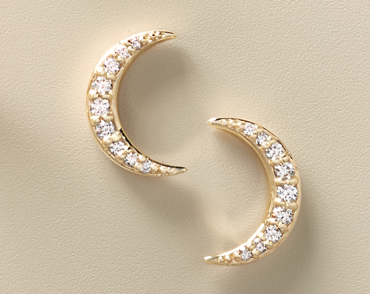 14K Yellow Gold Natural Diamond Crescent Moon Earrings Studs