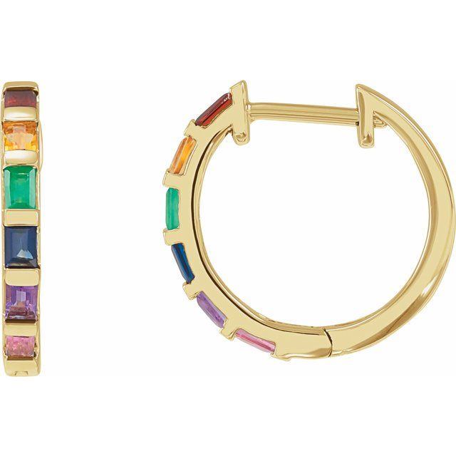 14K Yellow Gold Rainbow Baguette Huggies